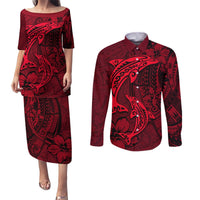 Polynesian Dolphin Valentine Day Couples Matching Puletasi and Long Sleeve Button Shirt Hibiscus and Tribal Tattoo Red Style LT03 Red - Polynesian Pride