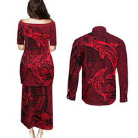 Polynesian Dolphin Valentine Day Couples Matching Puletasi and Long Sleeve Button Shirt Hibiscus and Tribal Tattoo Red Style LT03 - Polynesian Pride