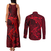 Polynesian Dolphin Valentine Day Couples Matching Tank Maxi Dress and Long Sleeve Button Shirt Hibiscus and Tribal Tattoo Red Style LT03 - Polynesian Pride