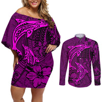 Polynesian Dolphin Valentine Day Couples Matching Off Shoulder Short Dress and Long Sleeve Button Shirt Hibiscus and Tribal Tattoo Pink Style LT03 Pink - Polynesian Pride
