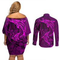 Polynesian Dolphin Valentine Day Couples Matching Off Shoulder Short Dress and Long Sleeve Button Shirt Hibiscus and Tribal Tattoo Pink Style LT03 - Polynesian Pride