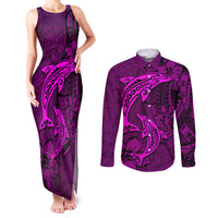 Polynesian Dolphin Valentine Day Couples Matching Tank Maxi Dress and Long Sleeve Button Shirt Hibiscus and Tribal Tattoo Pink Style LT03 Pink - Polynesian Pride