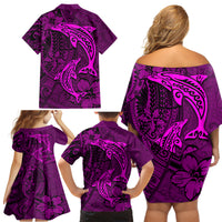 Polynesian Dolphin Valentine Day Family Matching Off Shoulder Short Dress and Hawaiian Shirt Hibiscus and Tribal Tattoo Pink Style LT03 - Polynesian Pride