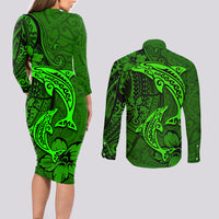 Polynesian Dolphin Valentine Day Couples Matching Long Sleeve Bodycon Dress and Long Sleeve Button Shirt Hibiscus and Tribal Tattoo Green Style LT03 - Polynesian Pride