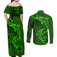 Polynesian Dolphin Valentine Day Couples Matching Off Shoulder Maxi Dress and Long Sleeve Button Shirt Hibiscus and Tribal Tattoo Green Style LT03 - Polynesian Pride