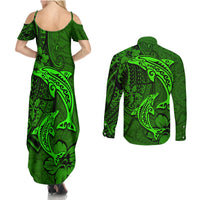 Polynesian Dolphin Valentine Day Couples Matching Summer Maxi Dress and Long Sleeve Button Shirt Hibiscus and Tribal Tattoo Green Style LT03 - Polynesian Pride