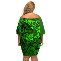 Polynesian Dolphin Valentine Day Family Matching Off Shoulder Short Dress and Hawaiian Shirt Hibiscus and Tribal Tattoo Green Style LT03 - Polynesian Pride