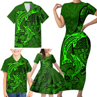 Polynesian Dolphin Valentine Day Family Matching Short Sleeve Bodycon Dress and Hawaiian Shirt Hibiscus and Tribal Tattoo Green Style LT03 - Polynesian Pride