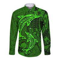 Polynesian Dolphin Valentine Day Long Sleeve Button Shirt Hibiscus and Tribal Tattoo Green Style LT03 Unisex Green - Polynesian Pride