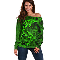 Polynesian Dolphin Valentine Day Off Shoulder Sweater Hibiscus and Tribal Tattoo Green Style LT03 Women Green - Polynesian Pride