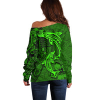 Polynesian Dolphin Valentine Day Off Shoulder Sweater Hibiscus and Tribal Tattoo Green Style LT03 - Polynesian Pride
