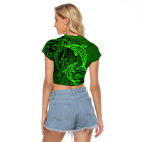Polynesian Dolphin Valentine Day Raglan Cropped T Shirt Hibiscus and Tribal Tattoo Green Style LT03 - Polynesian Pride