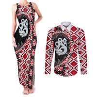 Red Taniko Motif Aotearoa Manaia and Silver Fern Couples Matching Tank Maxi Dress and Long Sleeve Button Shirt