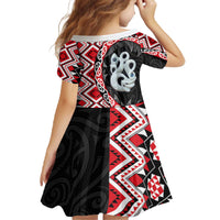 Red Taniko Motif Aotearoa Manaia and Silver Fern Family Matching Off The Shoulder Long Sleeve Dress and Hawaiian Shirt