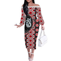 Red Taniko Motif Aotearoa Manaia and Silver Fern Family Matching Off The Shoulder Long Sleeve Dress and Hawaiian Shirt
