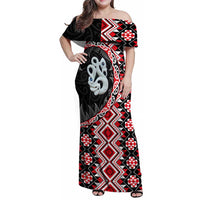 Red Taniko Motif Aotearoa Manaia and Silver Fern Family Matching Off Shoulder Maxi Dress and Hawaiian Shirt