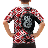 Red Taniko Motif Aotearoa Manaia and Silver Fern Family Matching Puletasi and Hawaiian Shirt