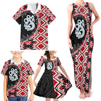 Red Taniko Motif Aotearoa Manaia and Silver Fern Family Matching Tank Maxi Dress and Hawaiian Shirt