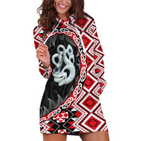 Red Taniko Motif Aotearoa Manaia and Silver Fern Hoodie Dress LT03 Red - Polynesian Pride