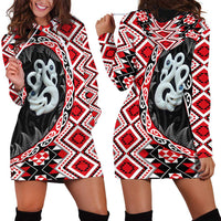 Red Taniko Motif Aotearoa Manaia and Silver Fern Hoodie Dress LT03 - Polynesian Pride