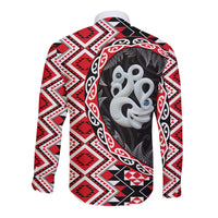 Red Taniko Motif Aotearoa Manaia and Silver Fern Long Sleeve Button Shirt LT03 - Polynesian Pride