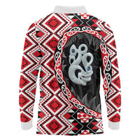 Red Taniko Motif Aotearoa Manaia and Silver Fern Long Sleeve Polo Shirt
