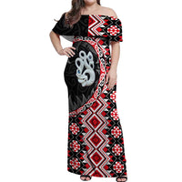 Red Taniko Motif Aotearoa Manaia and Silver Fern Off Shoulder Maxi Dress LT03 Women Red - Polynesian Pride
