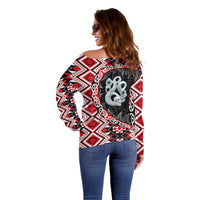 Red Taniko Motif Aotearoa Manaia and Silver Fern Off Shoulder Sweater