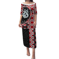 Red Taniko Motif Aotearoa Manaia and Silver Fern Puletasi LT03 Long Dress Red - Polynesian Pride