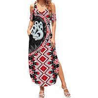 Red Taniko Motif Aotearoa Manaia and Silver Fern Summer Maxi Dress LT03 Women Red - Polynesian Pride