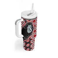Red Taniko Motif Aotearoa Manaia and Silver Fern Tumbler With Handle LT03 - Polynesian Pride
