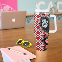 Red Taniko Motif Aotearoa Manaia and Silver Fern Tumbler With Handle LT03 - Polynesian Pride