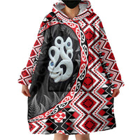 Red Taniko Motif Aotearoa Manaia and Silver Fern Wearable Blanket Hoodie LT03 - Polynesian Pride
