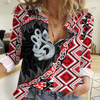 Red Taniko Motif Aotearoa Manaia and Silver Fern Women Casual Shirt