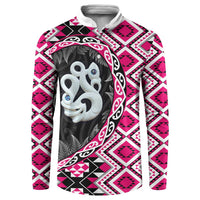Pink Taniko Motif Aotearoa Manaia and Silver Fern Button Sweatshirt LT03 Pink - Polynesian Pride
