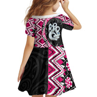 Pink Taniko Motif Aotearoa Manaia and Silver Fern Kid Short Sleeve Dress
