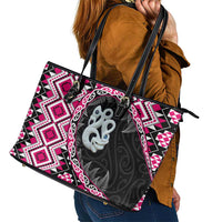 Pink Taniko Motif Aotearoa Manaia and Silver Fern Leather Tote Bag LT03 - Polynesian Pride