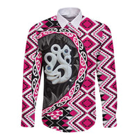 Pink Taniko Motif Aotearoa Manaia and Silver Fern Long Sleeve Button Shirt LT03 Unisex Pink - Polynesian Pride