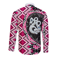 Pink Taniko Motif Aotearoa Manaia and Silver Fern Long Sleeve Button Shirt LT03 - Polynesian Pride