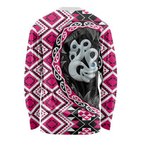 Pink Taniko Motif Aotearoa Manaia and Silver Fern Long Sleeve Shirt LT03 - Polynesian Pride