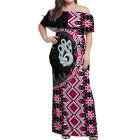 Pink Taniko Motif Aotearoa Manaia and Silver Fern Off Shoulder Maxi Dress LT03 Women Pink - Polynesian Pride