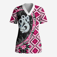 Pink Taniko Motif Aotearoa Manaia and Silver Fern Scrub Top LT03 Adult Pink - Polynesian Pride