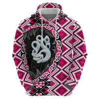 Pink Taniko Motif Aotearoa Manaia and Silver Fern Zip Hoodie