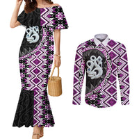 Purple Taniko Motif Aotearoa Manaia and Silver Fern Couples Matching Mermaid Dress and Long Sleeve Button Shirt