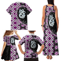 Purple Taniko Motif Aotearoa Manaia and Silver Fern Family Matching Tank Maxi Dress and Hawaiian Shirt