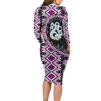 Purple Taniko Motif Aotearoa Manaia and Silver Fern Long Sleeve Bodycon Dress