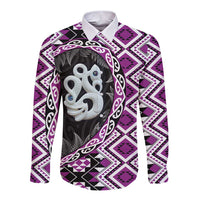 Purple Taniko Motif Aotearoa Manaia and Silver Fern Long Sleeve Button Shirt LT03 Unisex Purple - Polynesian Pride