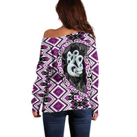 Purple Taniko Motif Aotearoa Manaia and Silver Fern Off Shoulder Sweater