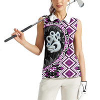 Purple Taniko Motif Aotearoa Manaia and Silver Fern Women Sleeveless Polo Shirt