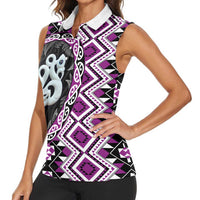Purple Taniko Motif Aotearoa Manaia and Silver Fern Women Sleeveless Polo Shirt